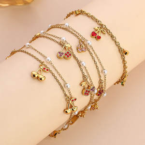 Pulsera y Brazaletes de Lujo para Mujer, de Acero Inoxidable 316L, Chapados en Oro de 14k y 18k, con Circonitas y Diseño de Cereza - Product Image 1