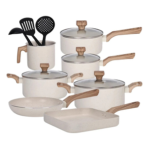 Ensemble de casseroles en céramique moderne de haute qualité avec revêtement en marbre, couvercles en verre, poignées en bois douces au toucher, antiadhésif, en aluminium, compatible gaz - Product Image 1