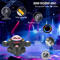 Projecteur de scène DJ RGBW 6-en-1 à 4 têtes mobiles avec quatre faisceaux laser, stroboscope, bandes LED RGB et effet boule magique