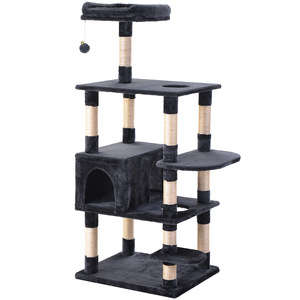 Arbre à chat avec poteaux à gratter et maison pour chats d'intérieur, structure de jeu multi-niveaux, peluche noire - Product Image 1
