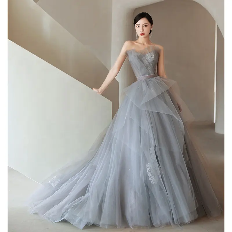 New Collection Gray Tulle Long Formal Evening Party Dresses For Prom Wear