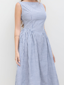 Abito Midi <span class=keywords><strong>a</strong></span> <span class=keywords><strong>Righe</strong></span> <span class=keywords><strong>Blu</strong></span> <span class=keywords><strong>e</strong></span> Bianche Senza Maniche per Donna, <span class=keywords><strong>Vestito</strong></span> Estivo Casual con Scollo <span class=keywords><strong>a</strong></span> Barca <span class=keywords><strong>e</strong></span> Linea ad <span class=keywords><strong>A</strong></span> per Signore - Product Image 2