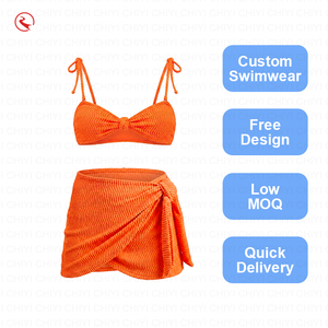 Custom Logo Knitted Bikini <b>Set</b> Halter Lace Up <b>Two</b> <b>Piece</b> Swimwear Orange Solid Color Bodycon Quick Dry Spandex Nylon - Product Image 5