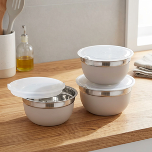 4 Piece Stainless Steel <b>Mixing</b> <b>Bowl</b> Set <b>with</b> Flip <b>Lids</b> Enamel Prep Serving <b>Bowls</b> for Kitchen Cooking - Product Image 1