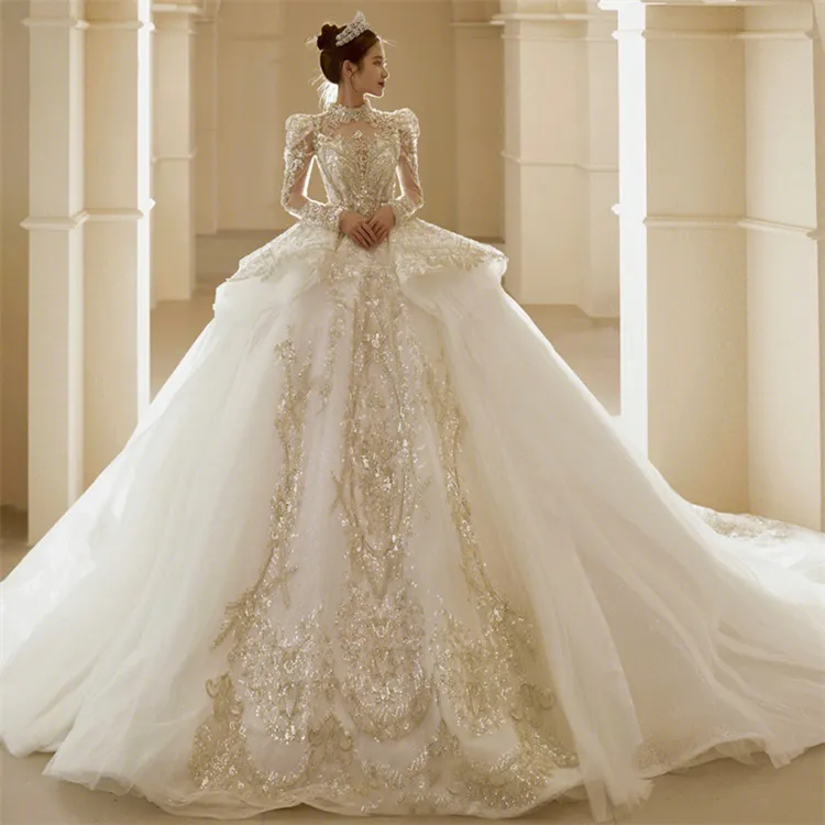 Sang trọng giá cả phải chăng Pháp cổ điển cao cấp đám cưới cô dâu váy sequin thêu lớn Swing Train Wedding Dress