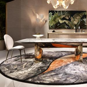 Set Tavolo da Pranzo Rettangolare in Marmo Italiano di Alta Gamma, Tavolo da Pranzo Lussuoso Placcato Oro, Set di Arredamento Moderno per Sala da Pranzo di Villa - Product Image 3