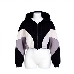 Sweat-shirt court à capuche zippé pour femme, color block, épaules tombantes, tricoté, mode automne - Product Image 6