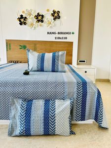 Multi Printed <b>Flat</b> Bed Sheet Set 100% Cotton 300TC Bedspread with 2 <b>Pillow</b> Covers Ethnic Nature Style for Home - Product Image 2