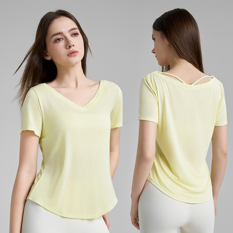 Roregal 2025 New Regenerated Fiber Double Layer V-neck Sports T-shirt Women's Fitness Loose Breathable Yoga Short Sleeve