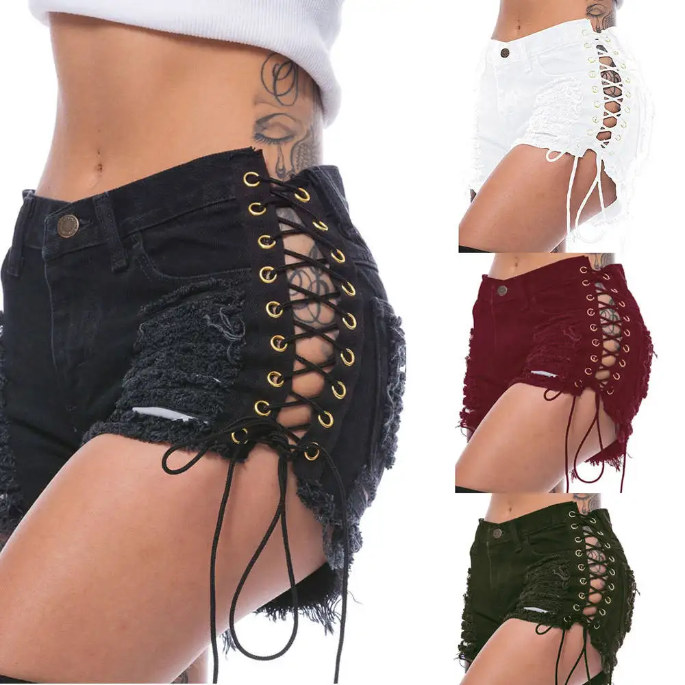 Novedad de 2023, pantalones vaqueros cortos desgastados con empalme de encaje, pantalones cortos vaqueros informales de cintura media para mujer