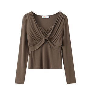 Happy Plus <b>Lace</b> V Neck Long Sleeve Knit <b>Top</b> Plus Size Tea Coffee <b>Black</b> Solid Color Cotton Base Layer Women's Blouse - Product Image 3