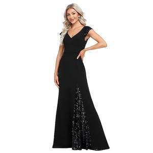 Luxury Elegant Satin Rayon Floor-Length Evening Dress <strong>Red</strong> <strong>Black</strong> Ball <strong>Gown</strong> Sequined Draped Waistline V-neck Built-in Bra OEM - Product Image 4