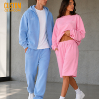 Ensemble de survêtement unisexe personnalisé avec broderie assortie : sweat à capuche zippé, pantalon de jogging et short, ou sweat-shirt à col rond et pantalon de survêtement 3/4