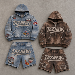 Ensemble denim vintage Y2K DiZNEW avec broderies épaisses, veste à capuche et short déchiré, <span class=keywords><strong>tenue</strong></span> en deux pièces pour <span class=keywords><strong>homme</strong></span>, style streetwear, effet délavé - Product Image 1