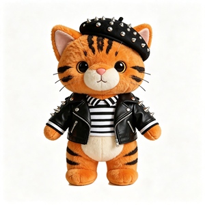 Peluche de Gato Naranja Estilo <span class=keywords><strong>Rock</strong></span> con Chaqueta de Cuero PU y Boina con Remaches, Juguete de Peluche de Gato Adorable - Product Image 1