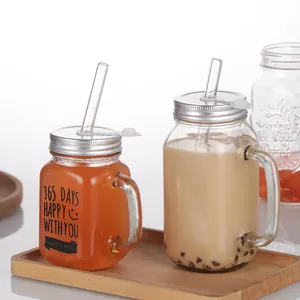 Wholesale 16oz 16 Oz Cold Beverage Use Bulk Glass Color Mason Jar Drink Cup Jars Mug With Handle Lid And Straw