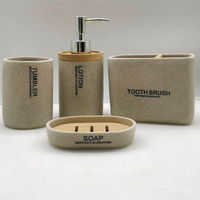Juego de Baño de Resina de Imitación Piedra Beige Personalizado, Fabricante OEM de Poliresina, Kit Dispensador de Jabón Redondo de 4 Piezas para Compradores de Hoteles