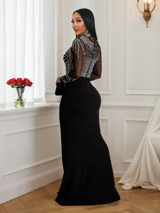 Chiffon Diamond-Encrusted Chain Evening Gown, Formal Long-Sleeve Asymmetrical <b>Split</b> <b>Dress</b> for Women - Product Image 4