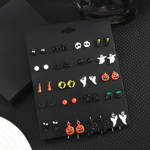 Ensemble de boucles d'oreilles d'Halloween en alliage d'acier inoxydable, motifs citrouille, crâne, fantômes, squelettes, décorations de fête unisexes - Product Image 4