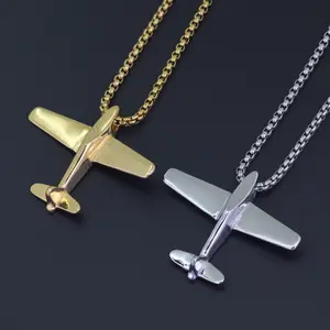 Stainless steel polished Genuine gold silver plated Airplane Aircraft pilot pendant necklace Smooth surface men necklace