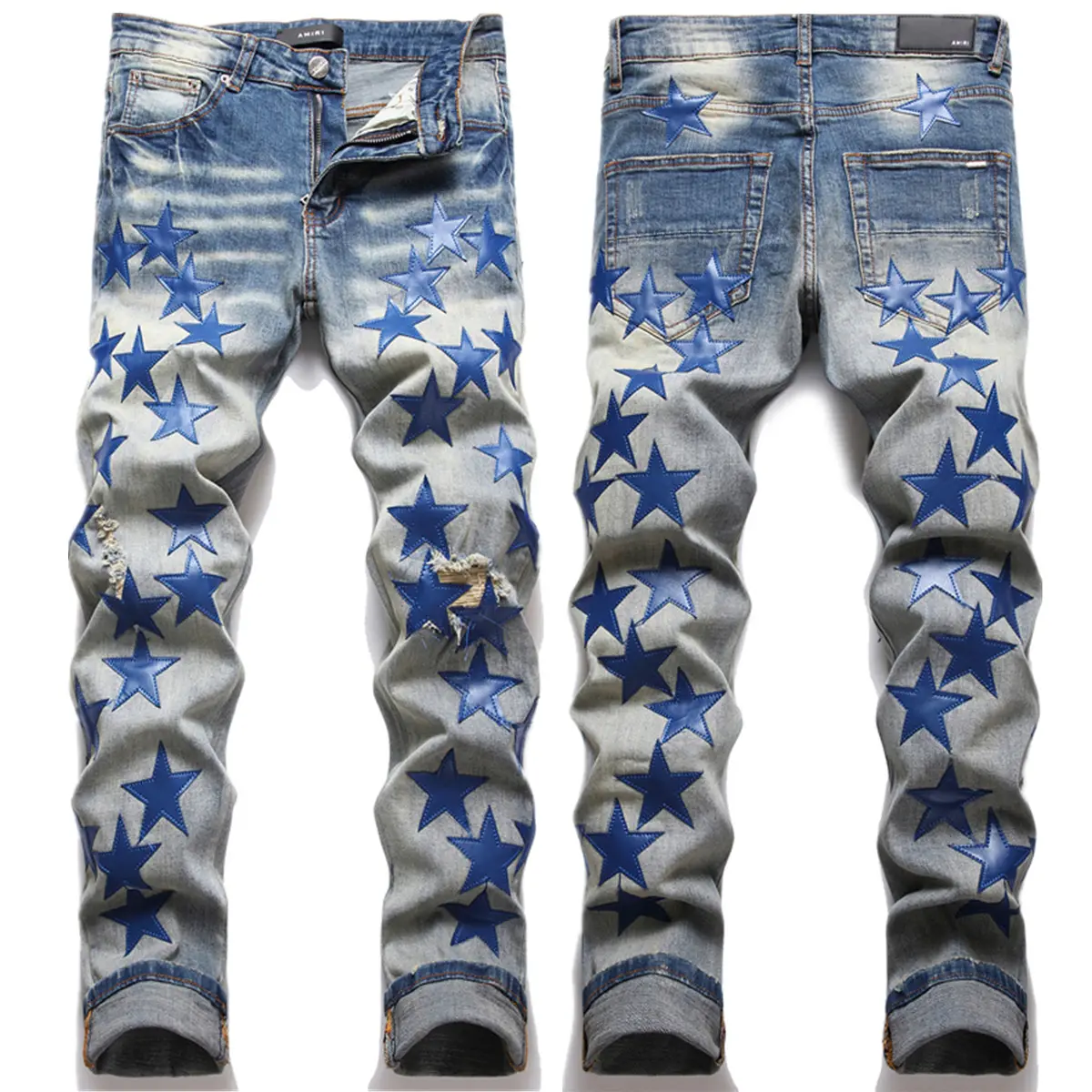 AeeDenim wholesale OEM LOGO High street new ripped blue star patch patch fashion slim feet full of stars stretch Denim jeans