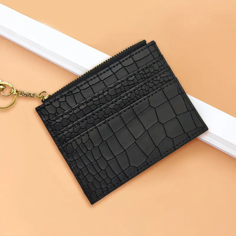 Crocodile Slim Driver's License Card Bag Compact Bank Card Holder Mini Zipper Wallet Black