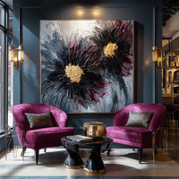 Peinture à l'huile abstraite de luxe grand format noir et or, peinte à la main avec feuille d'or sur toile, art mural