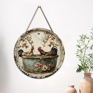 Vintage <b>wall</b> <b>decorations</b>, country garden ornaments, distressed potted chicken pattern wooden round signboard - Product Image 3