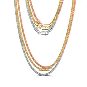 RINNTIN SC42 Rhodium/14K Gold/Rose Gold Over Genuine 925 Sterling Silver 3mm Mesh Popcorn Chain Necklace for Women