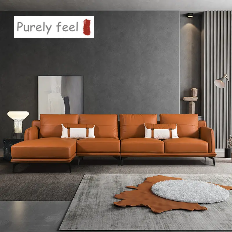 PurelyFeel Italian light luxury large family leather art corner combination sofa top grain leather living room sofa