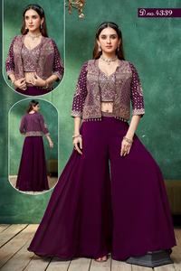 Designer Indo Western Palazzo Suit <b>for</b> Women with Embroidered <b>Jacket</b> Style Crop Top <b>for</b> Festive <b>Wedding</b> Party Wear - Product Image 3