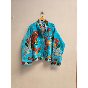 Chaqueta de Algodón Turquesa para Mujer con Cierre, Bordado Floral, Cuello Camisero, Sin Mangas, Corta, Estilo Casual de Verano - Product Image 1