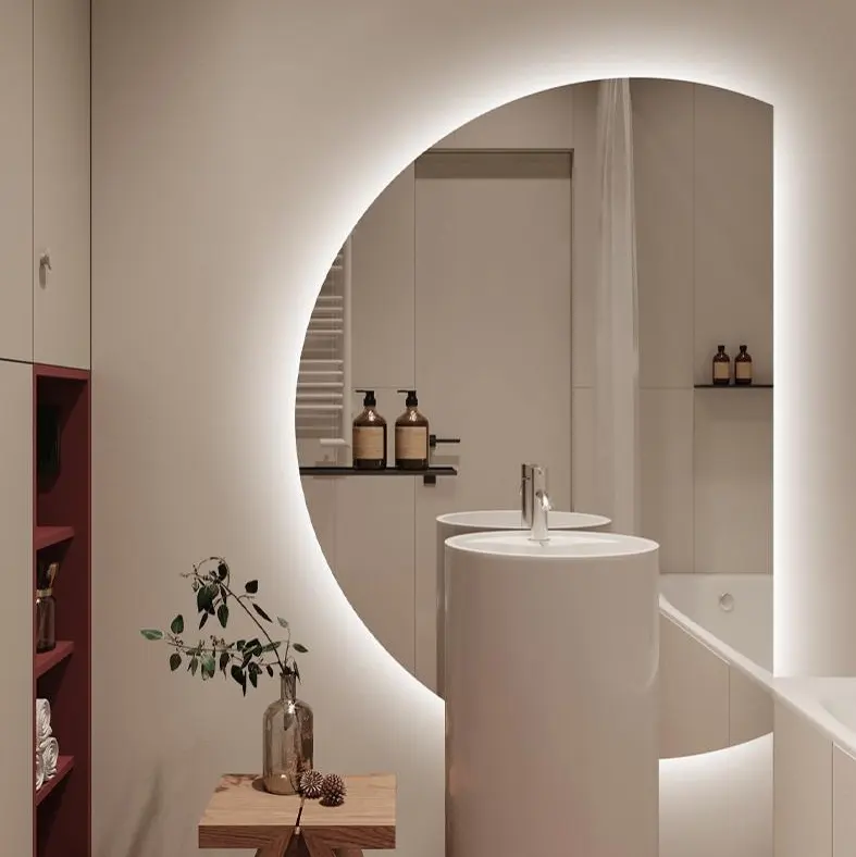 New Design Luxury Half Moon Shape Backlit Led Lighted Hotel Bathroom Smart Wall Semi Circle Mirror With Time Display
