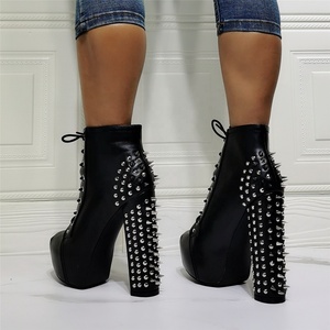 Autumn Spike Rivets Ornament Round Toe Platform Front Lace up Daily Women Ankle <b>Boots</b> High Chunky Heel Big Size 47 - Product Image 6