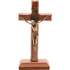 Odm/oem Brown Church Standing Cross Catholic Crucifix Home Decoration Pray Alloy Crucifix Silver Plated Big Wood Cross