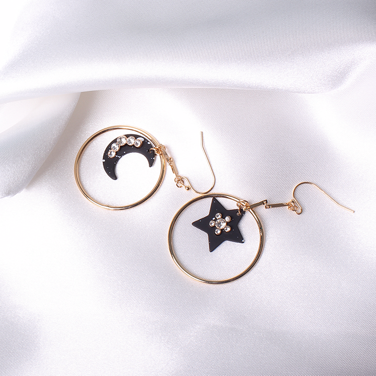 V & R negro luna y estrella blanco salpicaduras de diamantes de imitación de cristal 18K chapado en oro de la gota pendiente