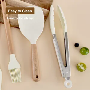 Kitchen Cooking Utensils Set Anti-slip Silicone Utensils Heat Resistant Food Grade Cooking Spatula Set With Wooden Handle