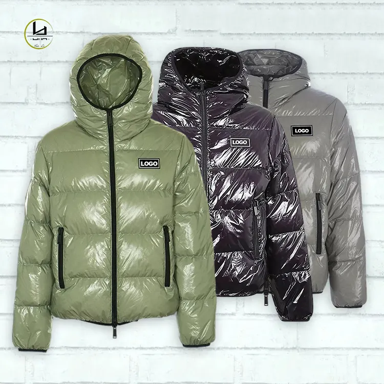 Men's winter casual fashion down coat Huili wholesale custom brand logo hooded zipper puffer coat shiny puffer jacket
