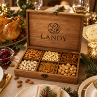 Boîtes en bois divisées de qualité supérieure avec logo personnalisé pour les noix, boîte à collation en bois naturel à compartiments multiples pour les cadeaux gastronomiques de Noël