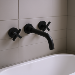 Robinet de lavabo mural noir mat à 2 poignées avec valve en céramique, design minimaliste pour salle de bain et douche - Product Image 2
