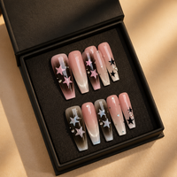 Faux ongles de luxe faits à la main, motif Interstellar Aura Blush, étoiles et cœurs, style Y2K, longs, forme cercueil, réutilisables