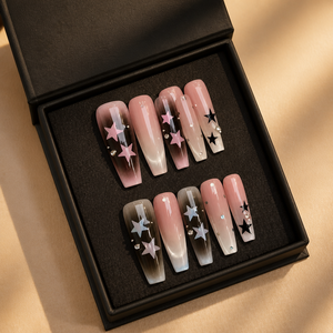 <span class=keywords><strong>Faux</strong></span> <span class=keywords><strong>ongles</strong></span> de luxe faits à la main, motif Interstellar Aura Blush, étoiles et cœurs, style Y2K, longs, forme cercueil, réutilisables - Product Image 4