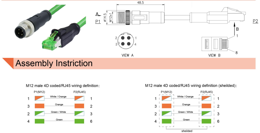 Cat 5e M12 To Rj45 Ethernet Cable IP67 IP68 Male To Female For Sensor Automation