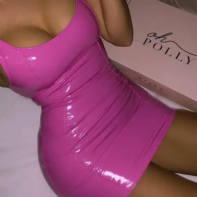 Women's sexy PU Leather Bodycon V-neck backpack hip Sleeveless split halter leather skirt Club pink Party dress