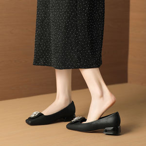 Genuine Leather <b>Flats</b> Square Toe Low Heel Elegant Comfort Women Shoes with Flower Decoration Slip-On Style Rubber Outsole - Product Image 4