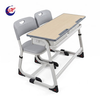 Ensemble de bureau et chaise scolaire réglable 2 places pour projets en classe, plateau en MDF de 18 mm avec fentes pour stylos et crochets pour sacs