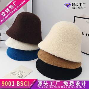 Wool Bucket <b>Hat</b> Solid Color Warm Face Slimming Unisex Winter Fisherman <b>Hat</b> Fleece Material Japan And Korean Style - Product Image 3