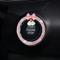Stiker Dekoratif Tombol Start Mobil Satu Sentuhan dari Aluminium Alloy, Berhiaskan Rhinestone, Pita, Kristal, Lonceng, dan Liontin, Cincin Pengapian, Impor