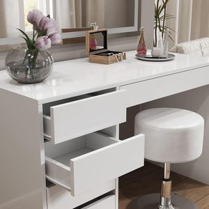 Table de toilette moderne blanche avec miroir LED, tiroirs de rangement, bois, table de maquillage pour chambre à coucher avec miroir éclairé - Product Image 5