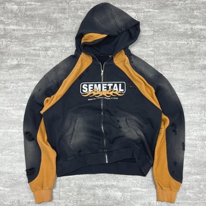 Hoodies zippés courts en molleton bouclette premium, imprimés, effet délavé, coupe ample, style vintage, pour hommes, surdimensionnés et usés - Product Image 1